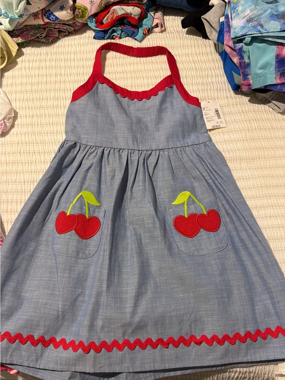 Gymboree Blue Chambray Halter Dress with Red Cherry Appliques